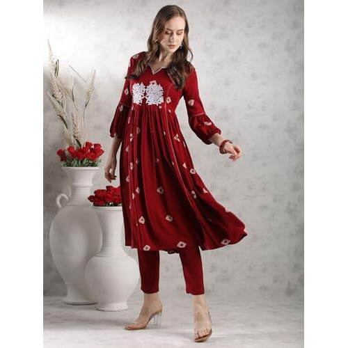 ANNI DESIGNER Women's Rayon Blend Anarkali Printed Kurta with Pant (ANVESHI MAROON-VKS03_S_Maroon_Small)