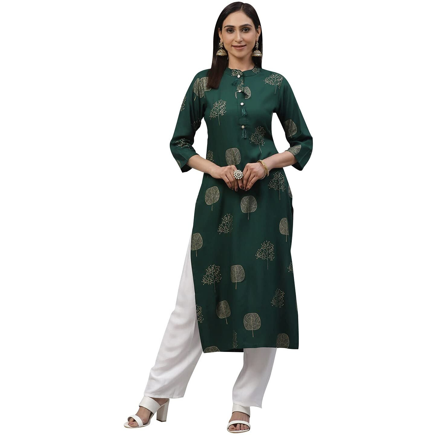 ANNI DESIGNER Women's Rayon Printed Straight Kurta with Palazzo (PAN FLOWER-02-GREEN_XL)
