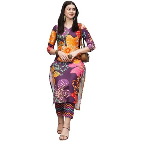 ANNI DESIGNER Women's Cotton Blend Straight Printed Kurta with Pant (Wahida Purple-NW_L_Purple_Large)