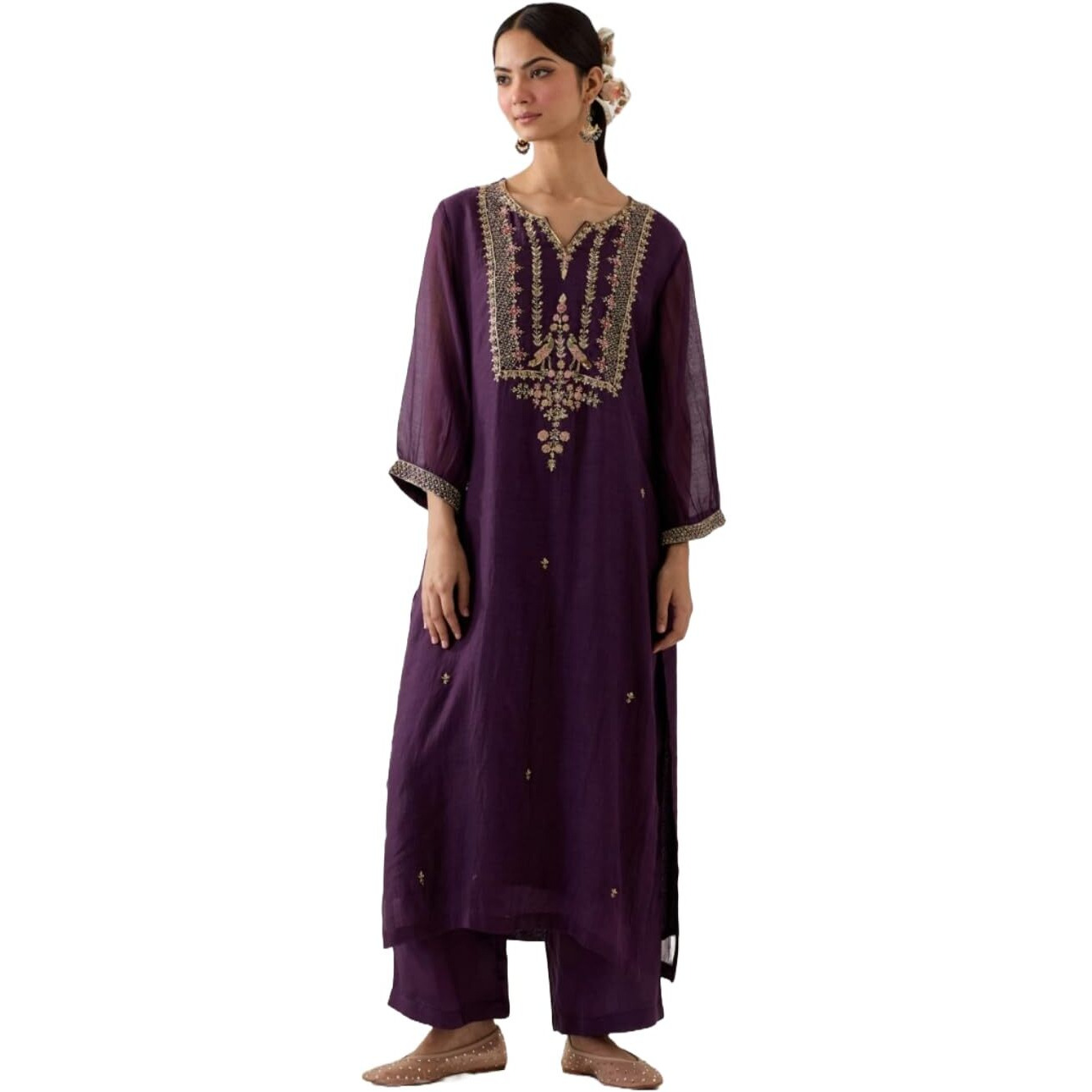 ANNI DESIGNER Women's Rayon Blend Straight Embroidered Kurta with Palazzo (Mulani Violet_L_Violet_Large)