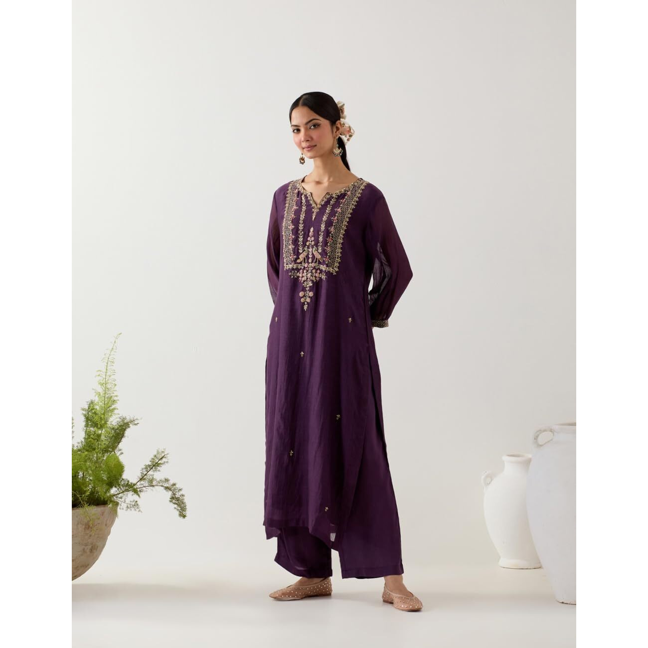 ANNI DESIGNER Women's Rayon Blend Straight Embroidered Kurta with Palazzo (Mulani Violet_L_Violet_Large)