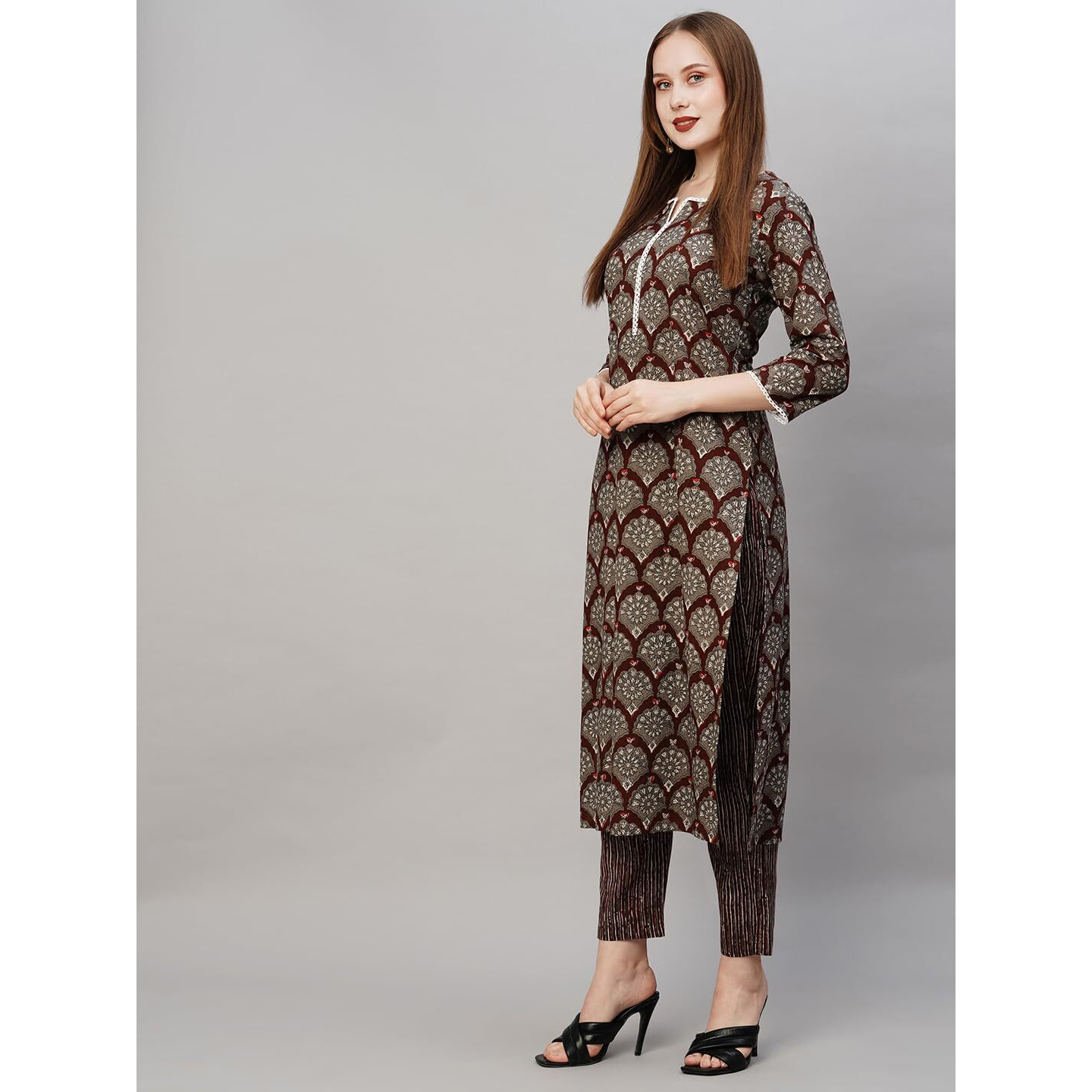ANNI DESIGNER Women's Cotton Blend Printed Straight Kurta with Pant (Urmi Maroon_S_Maroon_Small)