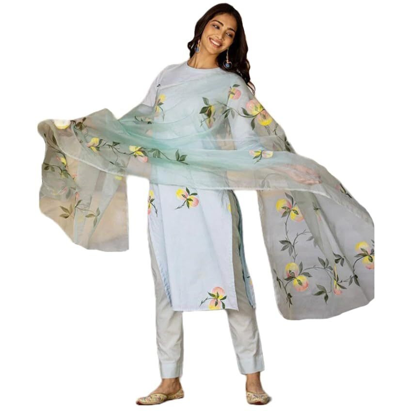 ANNI DESIGNER Women's Cotton Blend Straight Printed Kurta with Pant & Dupatta (Taral Grey-NW_S_Grey_Small)