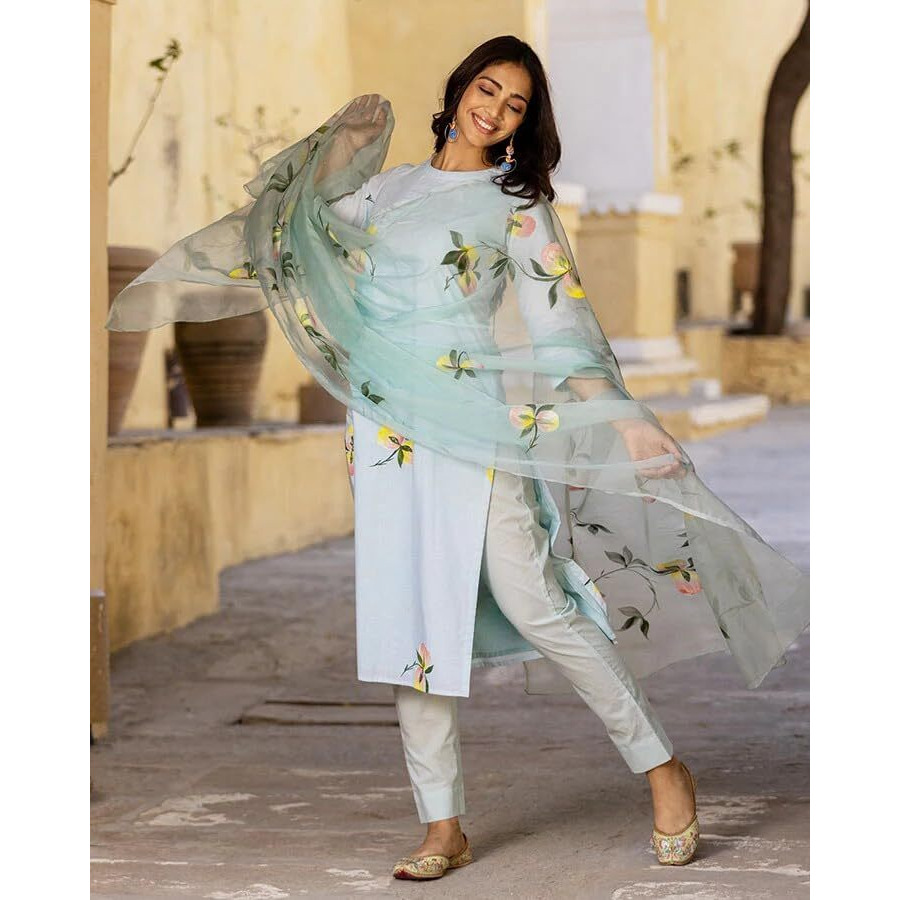 ANNI DESIGNER Women's Cotton Blend Straight Printed Kurta with Pant & Dupatta (Taral Grey-NW_S_Grey_Small)