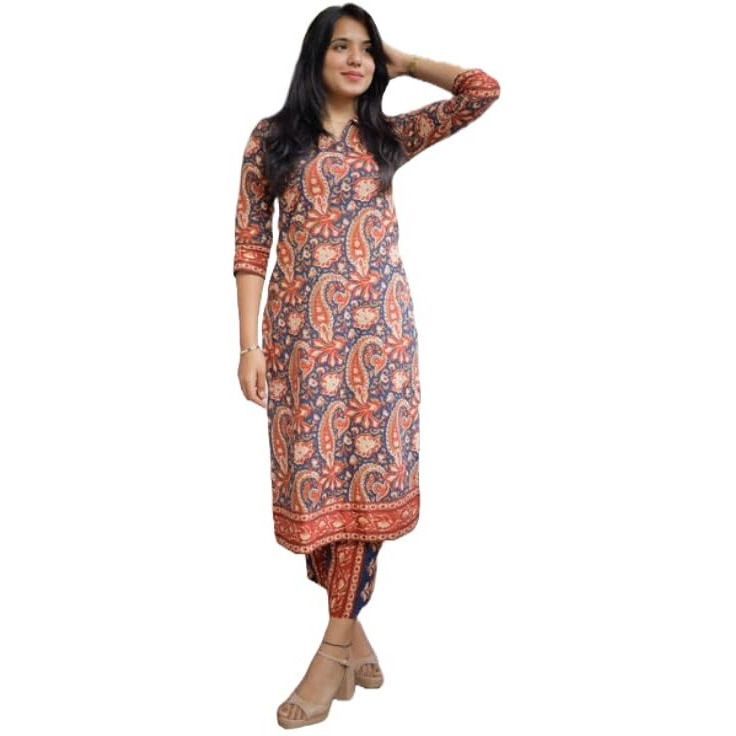 ANNI DESIGNER Women's Rayon Blend Straight Printed Kurta with Pant (NISHU RED_L_Red_Large)