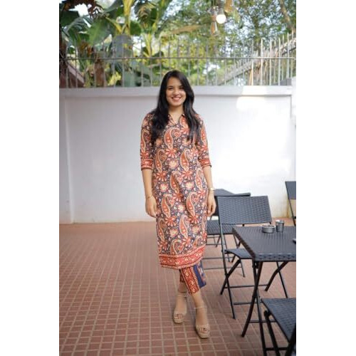 ANNI DESIGNER Women's Rayon Blend Straight Printed Kurta with Pant (NISHU RED_L_Red_Large)