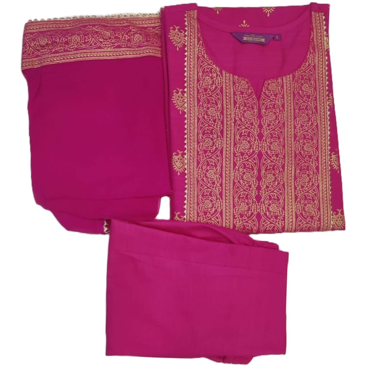 ANNI DESIGNER Women's Cotton Straight Kurta with Pant & Dupatta (KPTD-COT-10132-Pink_L_Pink_Large)