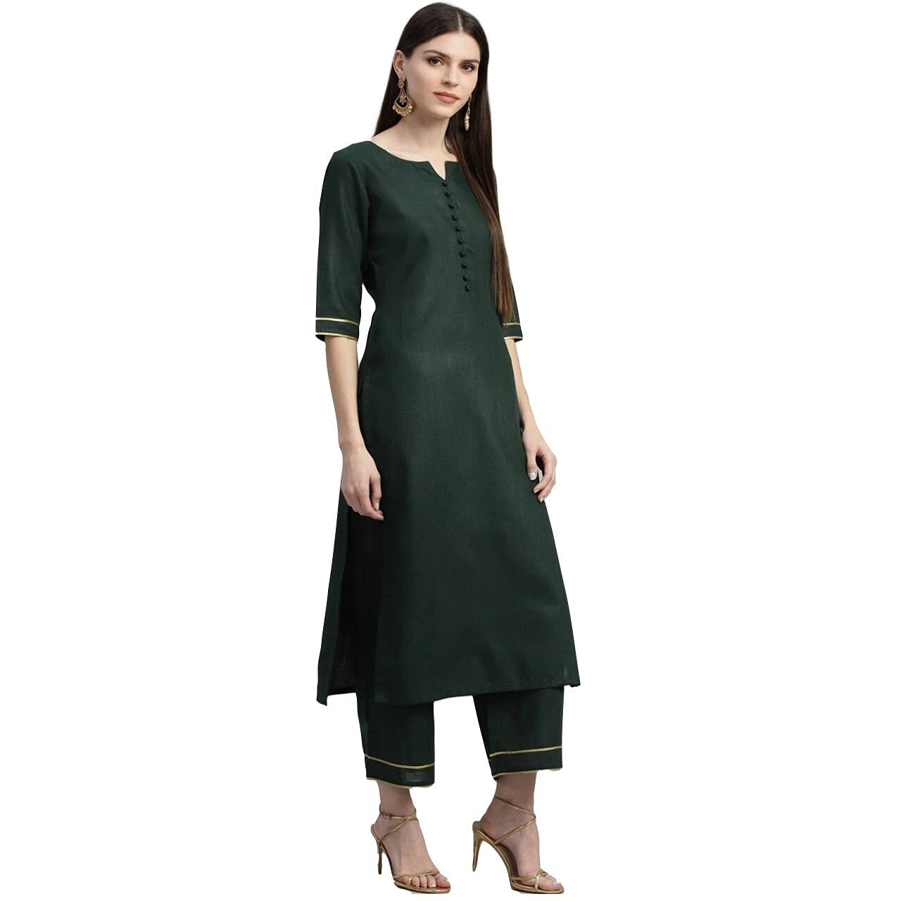 ANNI DESIGNER Women's Ruby Cotton Printed Straight Kurta with Palazzos & Dupatta (Game-Green_S Green Small)
