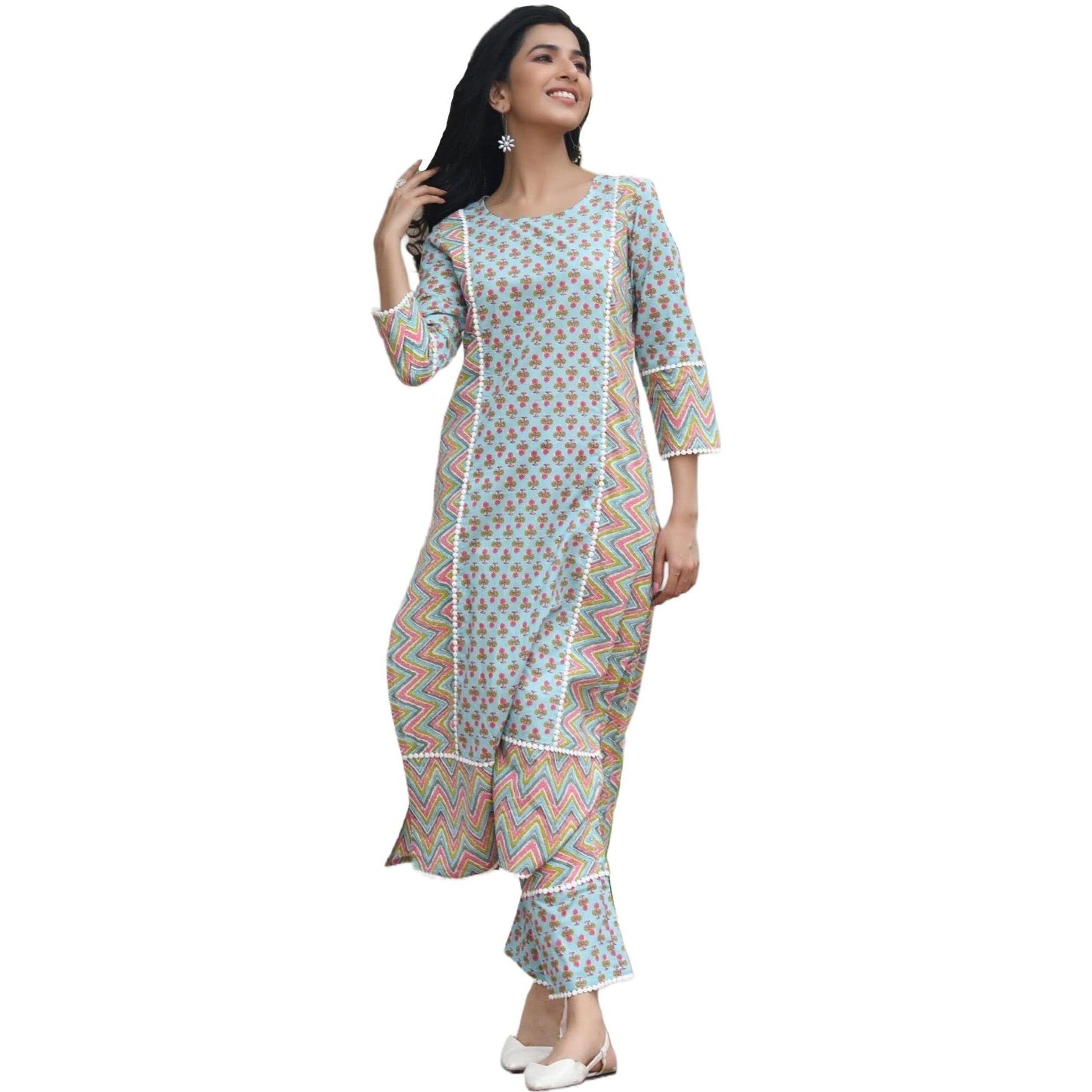 ANNI DESIGNER Women's Cotton Blend Printed Straight Kurta with Pant (RCB-See-Green_M_See Green_Medium)