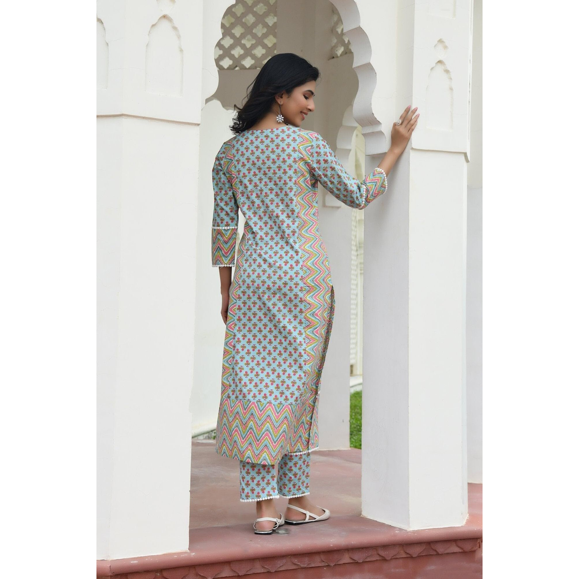 ANNI DESIGNER Women's Cotton Blend Printed Straight Kurta with Pant (RCB-See-Green_M_See Green_Medium)