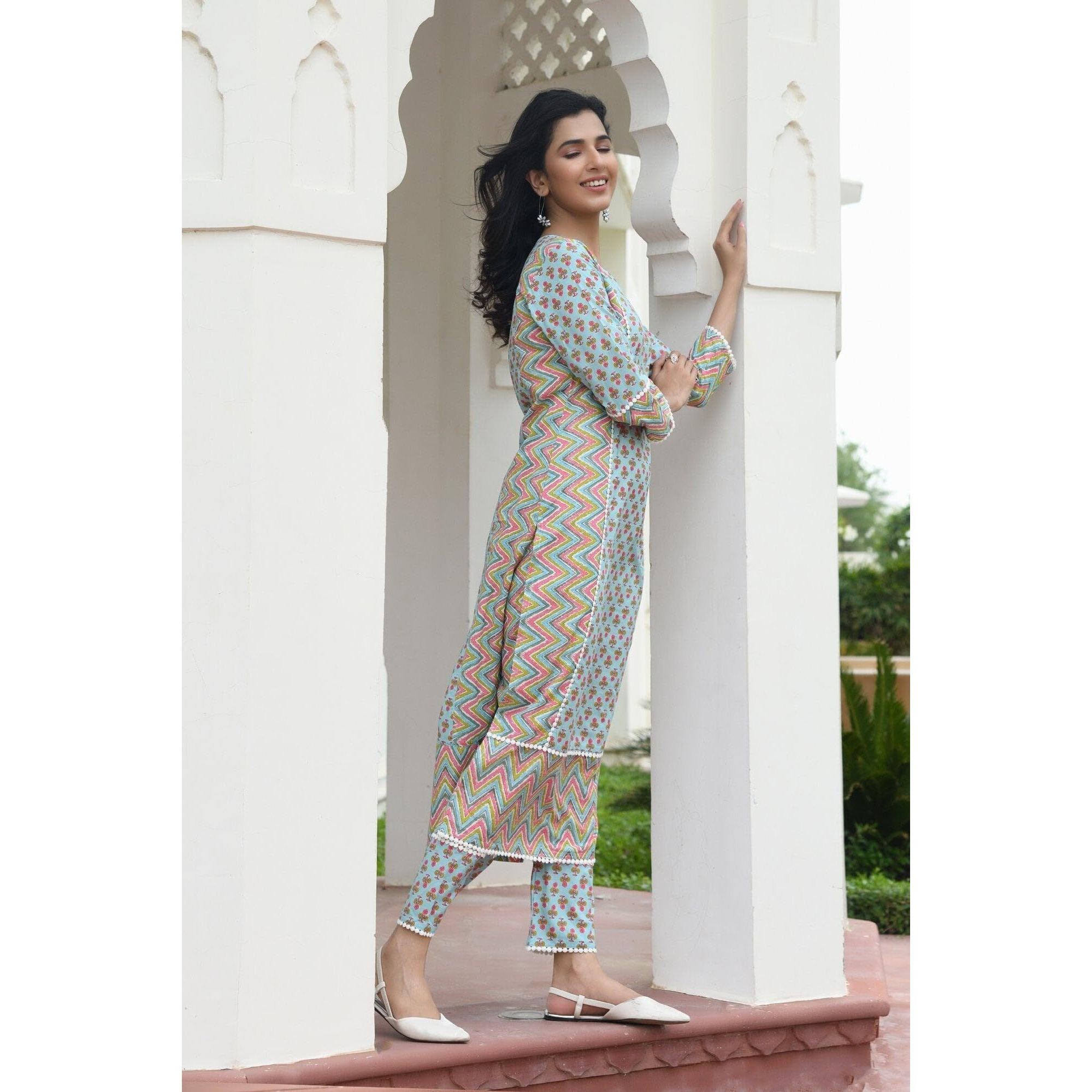 ANNI DESIGNER Women's Cotton Blend Printed Straight Kurta with Pant (RCB-See-Green_M_See Green_Medium)