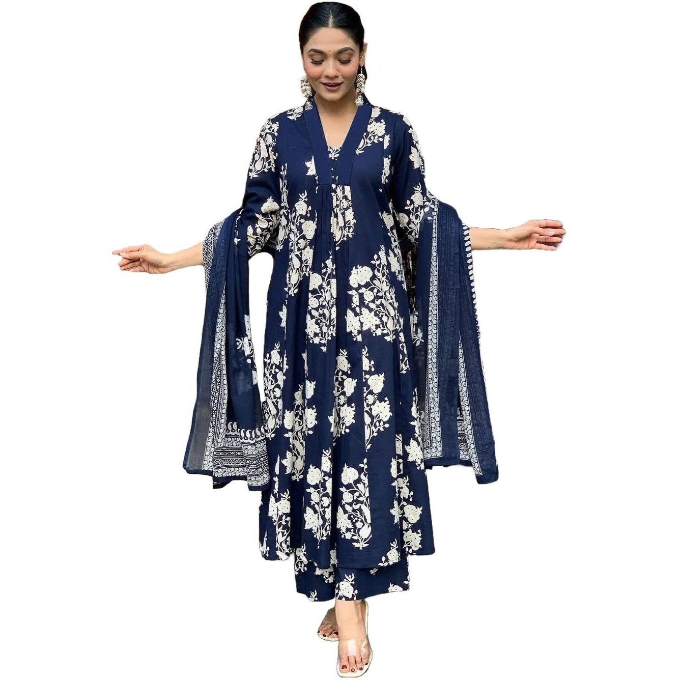 ANNI DESIGNER Women's Rayon Blend Anarkali Printed Kurta with Pant & Dupatta (Jasiwal Blue-VKS01_3XL_Blue_XXX-Large)