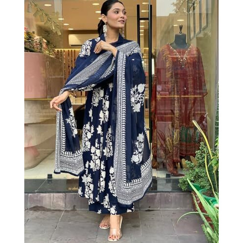 ANNI DESIGNER Women's Rayon Blend Anarkali Printed Kurta with Pant & Dupatta (Jasiwal Blue-VKS01_3XL_Blue_XXX-Large)