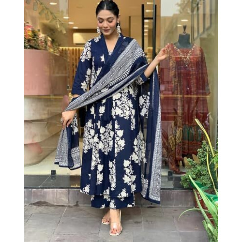 ANNI DESIGNER Women's Rayon Blend Anarkali Printed Kurta with Pant & Dupatta (Jasiwal Blue-VKS01_3XL_Blue_XXX-Large)