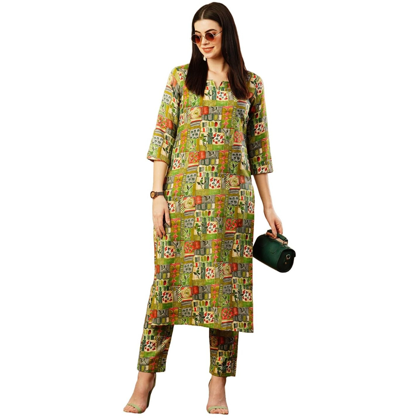 ANNI DESIGNER Women's Cotton Blend Straight Printed Kurta with Pant (ING 10 Green_L_Green_Large)