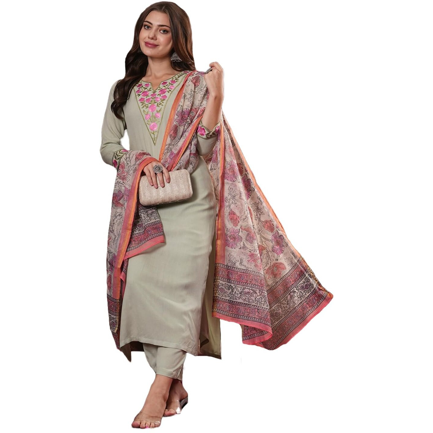 ANNI DESIGNER Women's Cotton Blend Straight Embroidered Kurta with Pant & Dupatta (SARTHI Mehandi_L_Mehandi_Large)