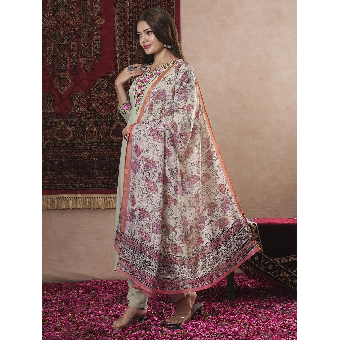 ANNI DESIGNER Women's Cotton Blend Straight Embroidered Kurta with Pant & Dupatta (SARTHI Mehandi_L_Mehandi_Large)