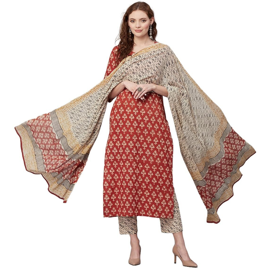 ANNI DESIGNER Women's Cotton Blend Printed Straight Kurta with Pant & Dupatta (Usmi-Maroon_S_Maroon_Small)