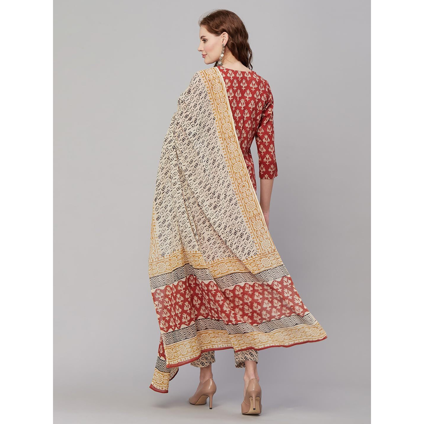 ANNI DESIGNER Women's Cotton Blend Printed Straight Kurta with Pant & Dupatta (Usmi-Maroon_S_Maroon_Small)