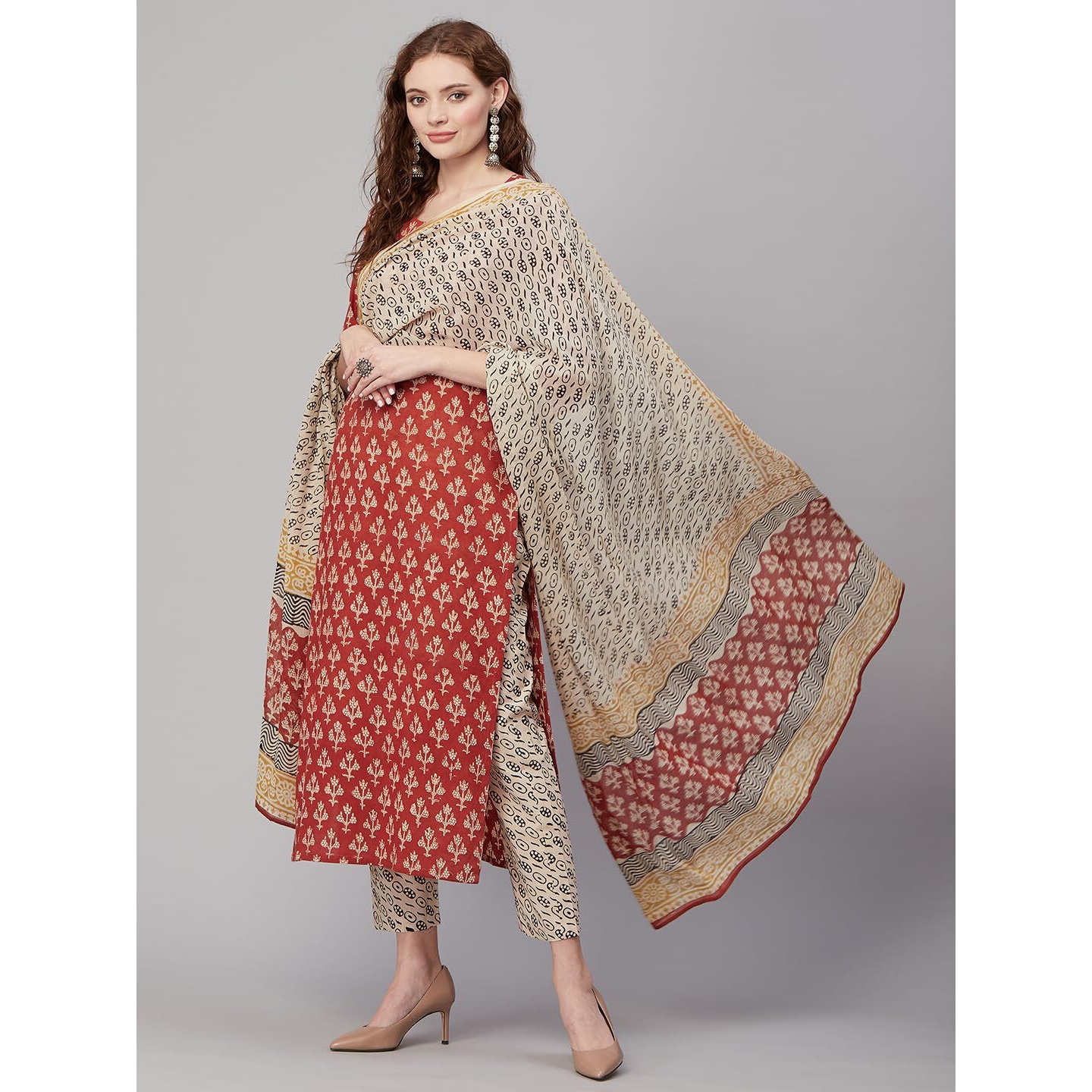 ANNI DESIGNER Women's Cotton Blend Printed Straight Kurta with Pant & Dupatta (Usmi-Maroon_S_Maroon_Small)