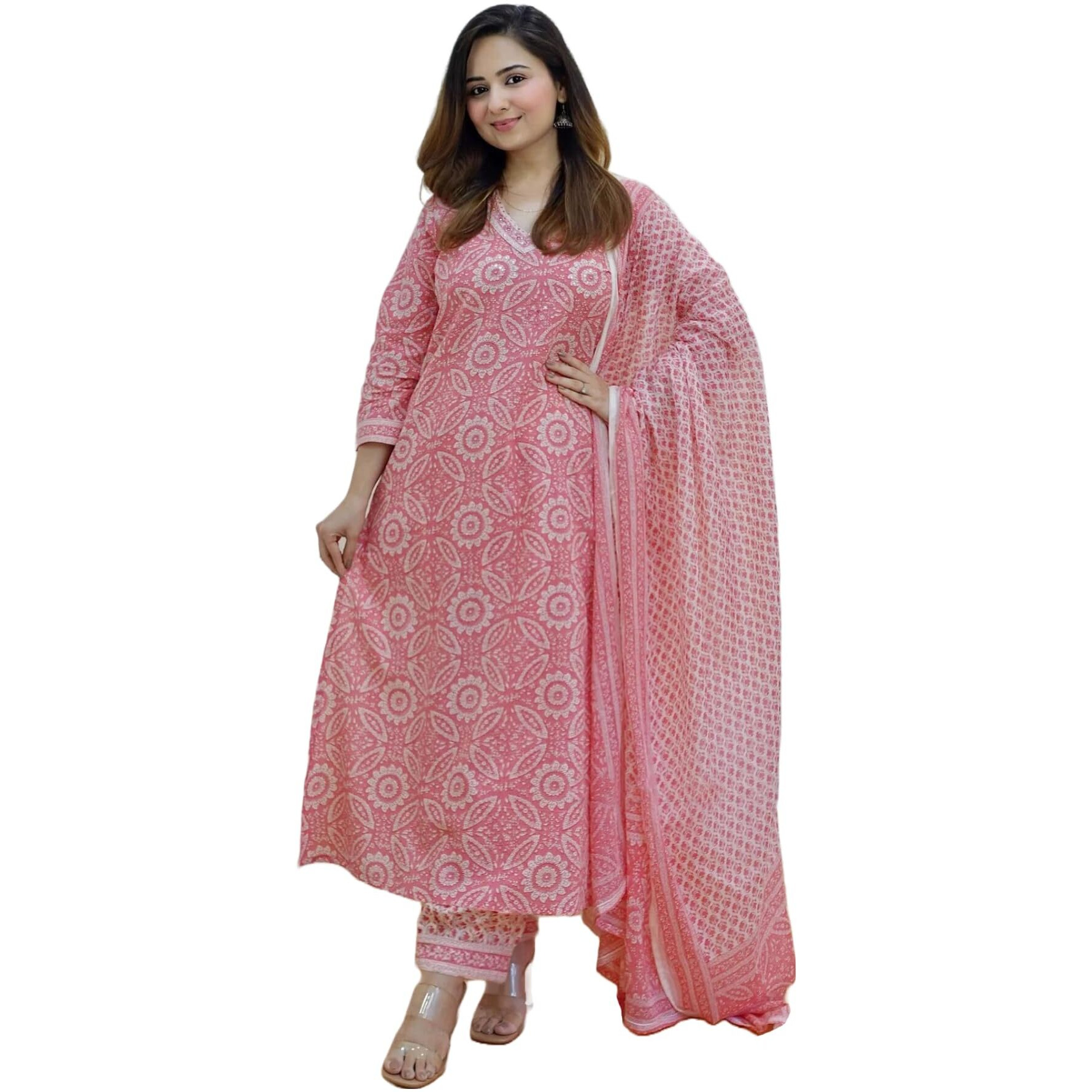 ANNI DESIGNER Women's Cotton Blend Block Printed Straight Kurta with Pant & Dupatta (Nihira Pink_M_Pink_Medium)