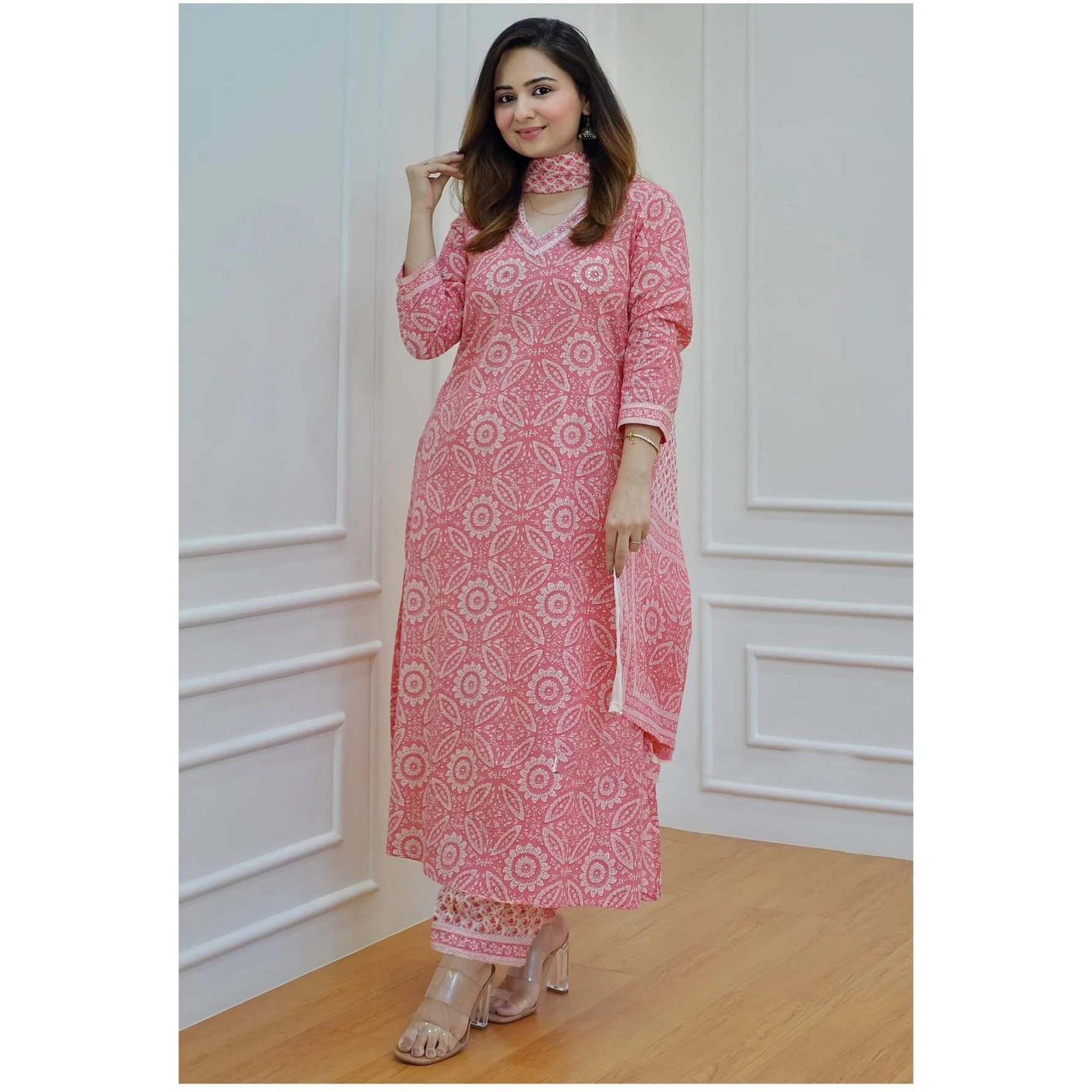 ANNI DESIGNER Women's Cotton Blend Block Printed Straight Kurta with Pant & Dupatta (Nihira Pink_M_Pink_Medium)