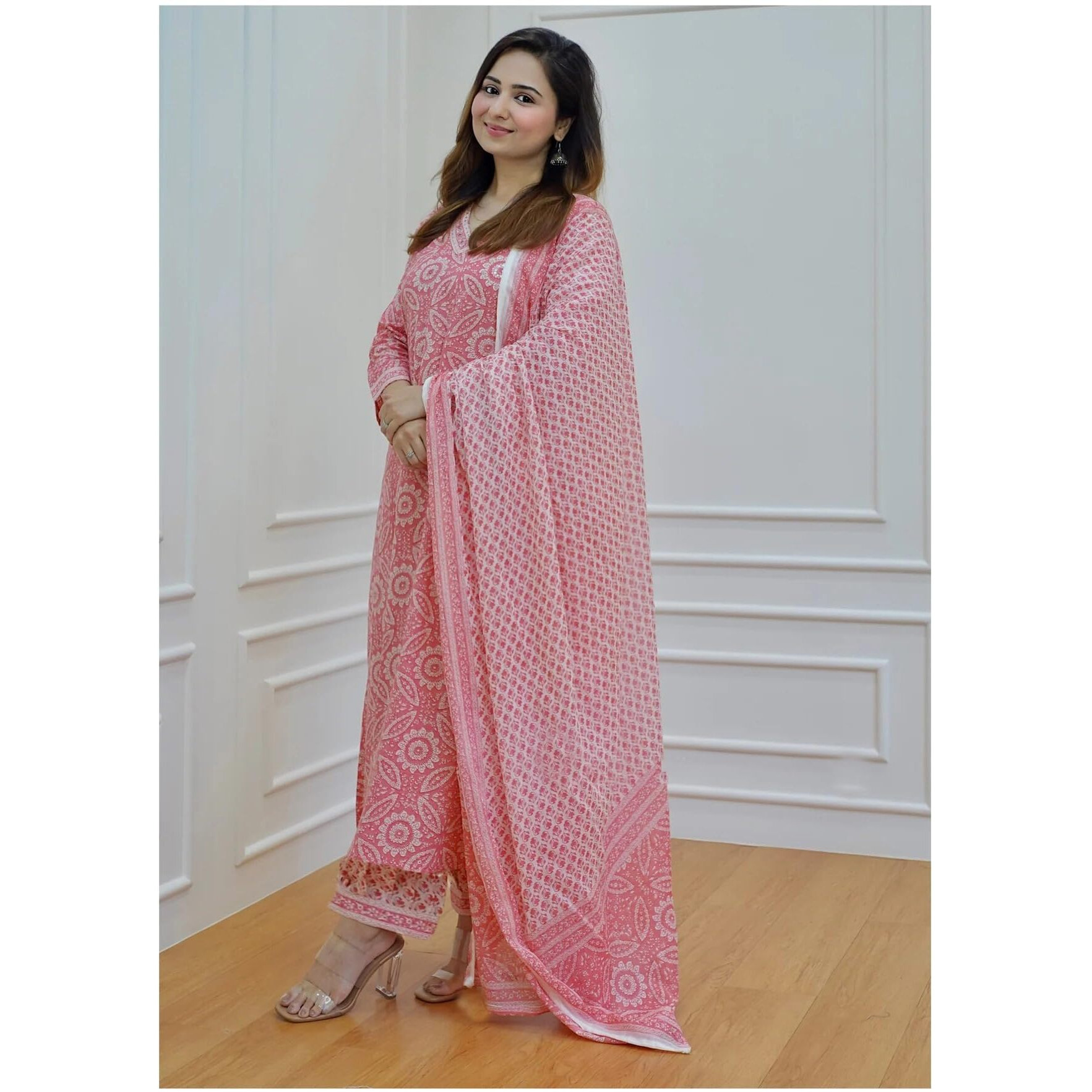 ANNI DESIGNER Women's Cotton Blend Block Printed Straight Kurta with Pant & Dupatta (Nihira Pink_M_Pink_Medium)