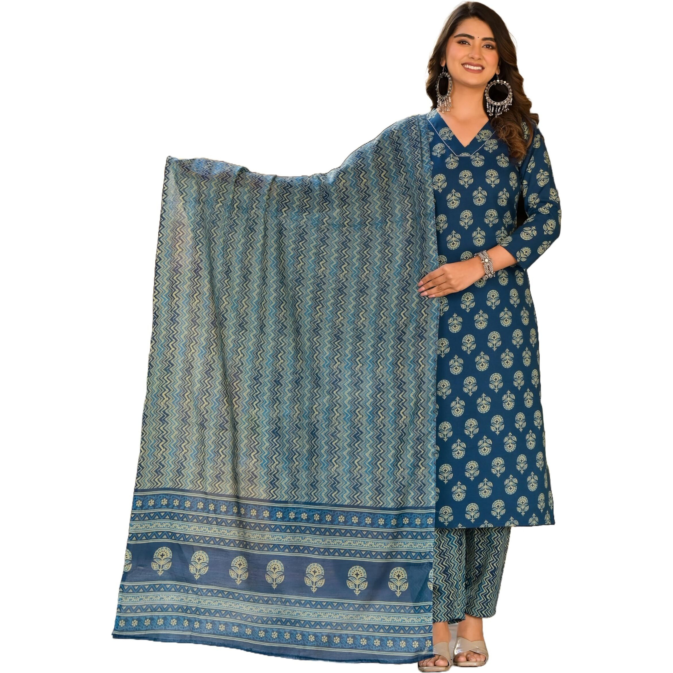 KLOSIA Women's Printed Straight Kurta and Pant Set With Dupatta | Blue Ethnic Suit | Printed Kurta Set for Women (Large)