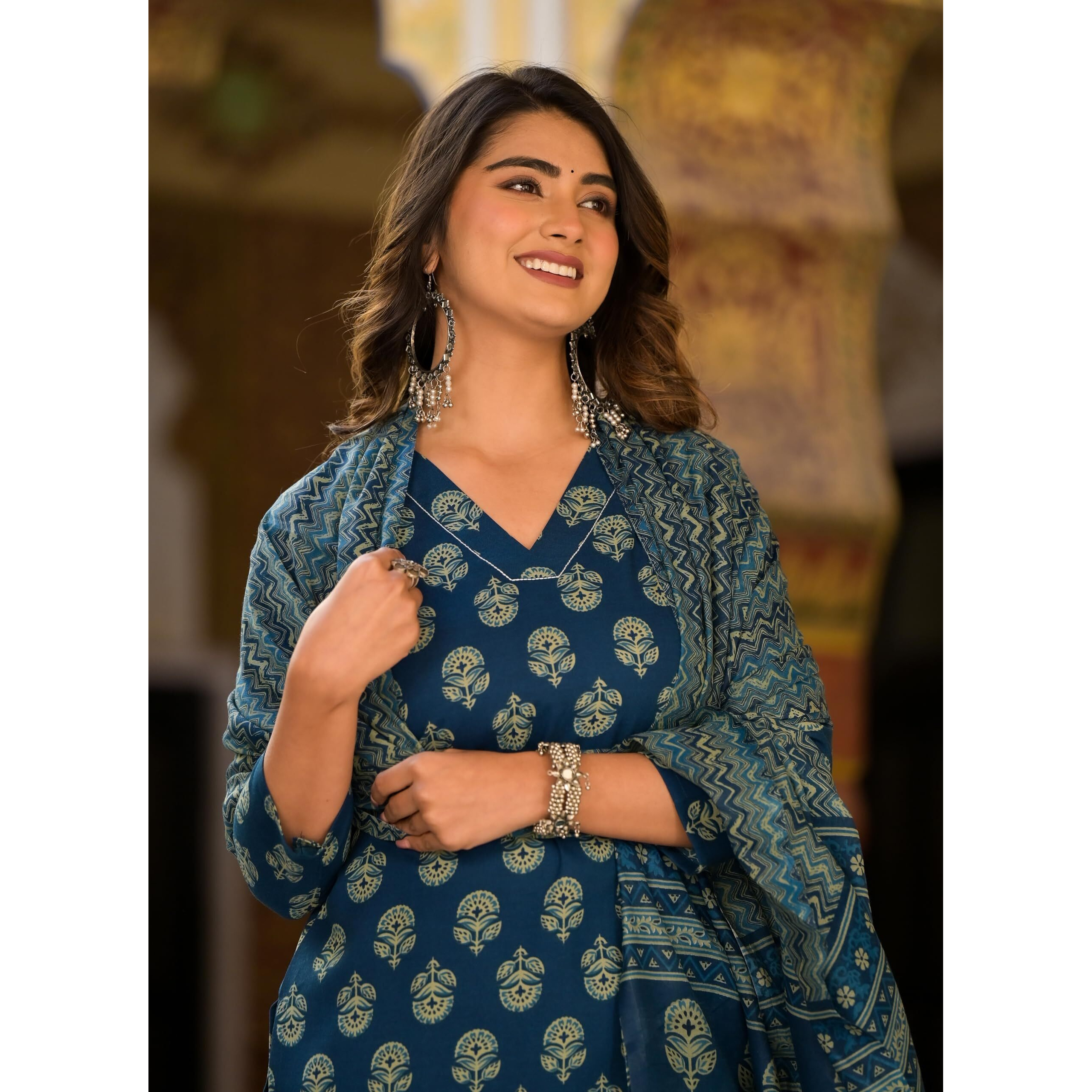 KLOSIA Women's Printed Straight Kurta and Pant Set With Dupatta | Blue Ethnic Suit | Printed Kurta Set for Women (Large)
