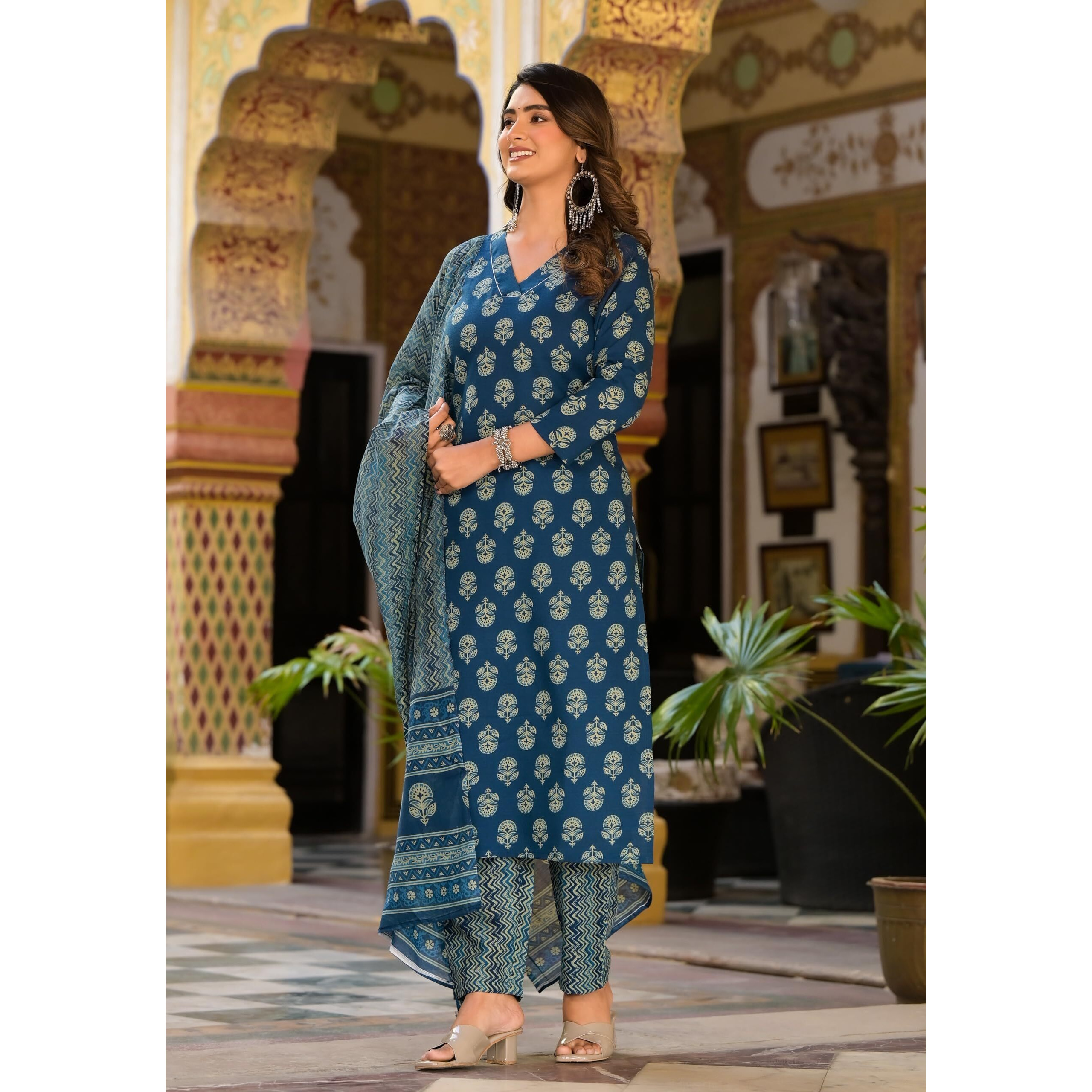 KLOSIA Women's Printed Straight Kurta and Pant Set With Dupatta | Blue Ethnic Suit | Printed Kurta Set for Women (Large)