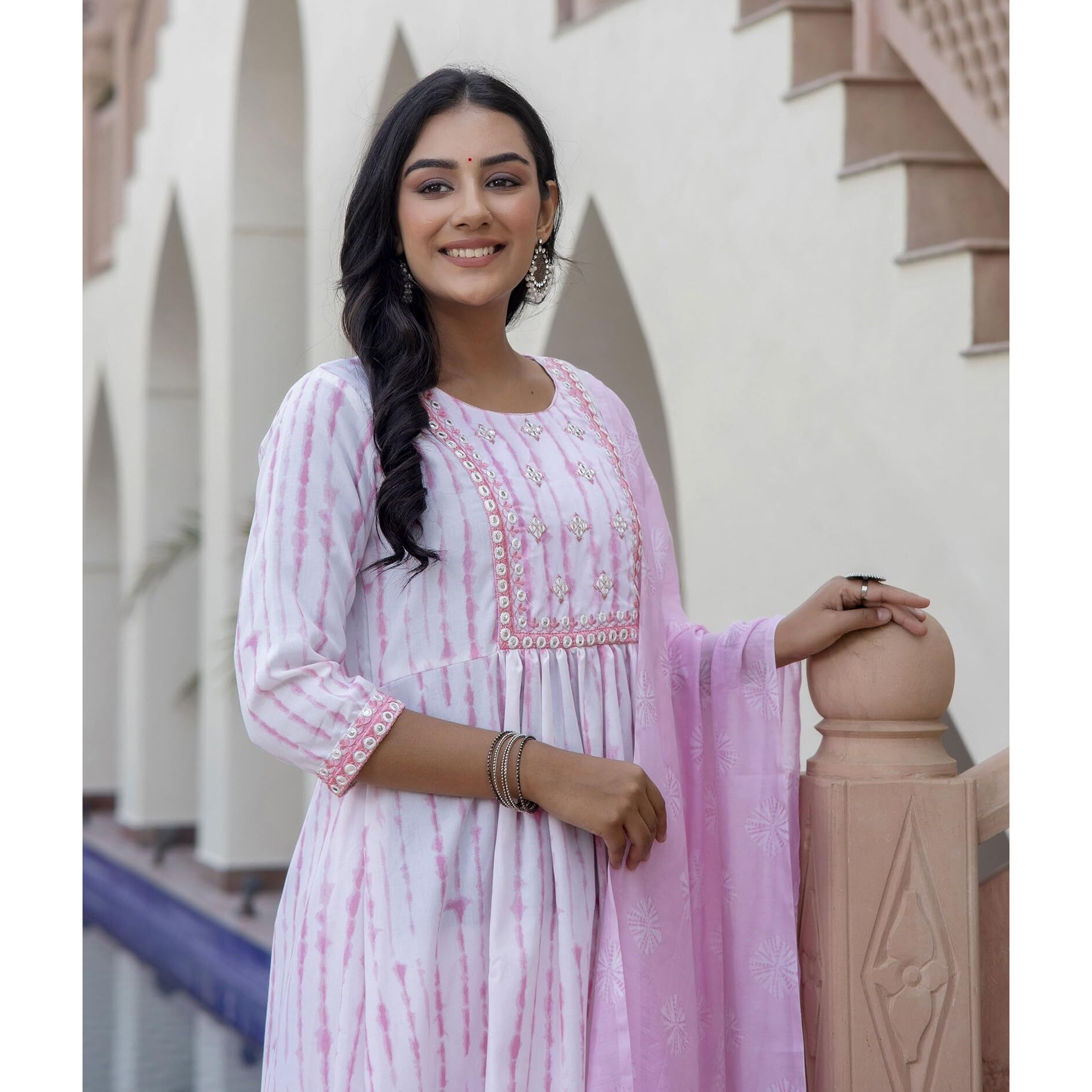 KLOSIA Women Embroidery Kurta and Pant Set with Dupatta (Medium) Peach