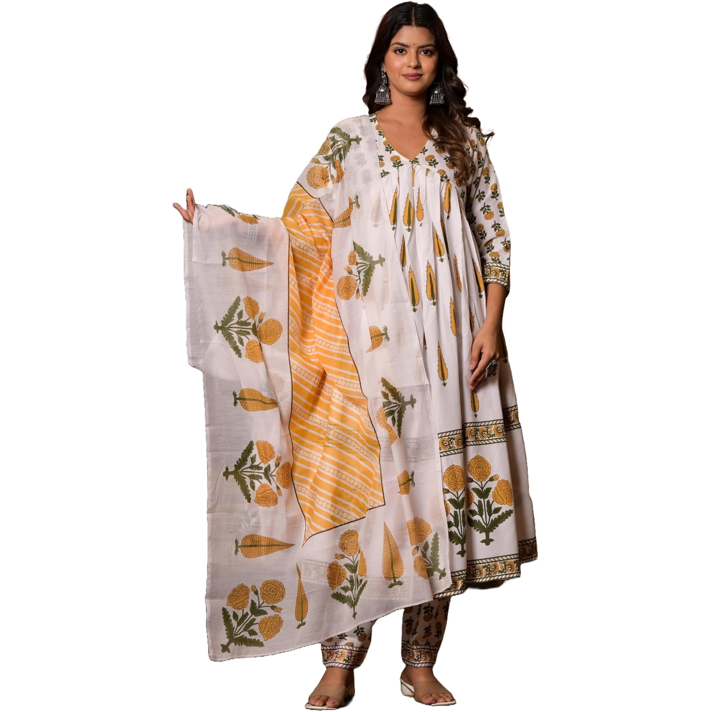 KLOSIA Women Block Printed Viscose Anarkali Kurta And Pant Set With Dupatta |Kurta Set For Women |Kurta Set With Dupatta For Women | Suit Set | Ethnic Set | Anarkali Kurta Set | White