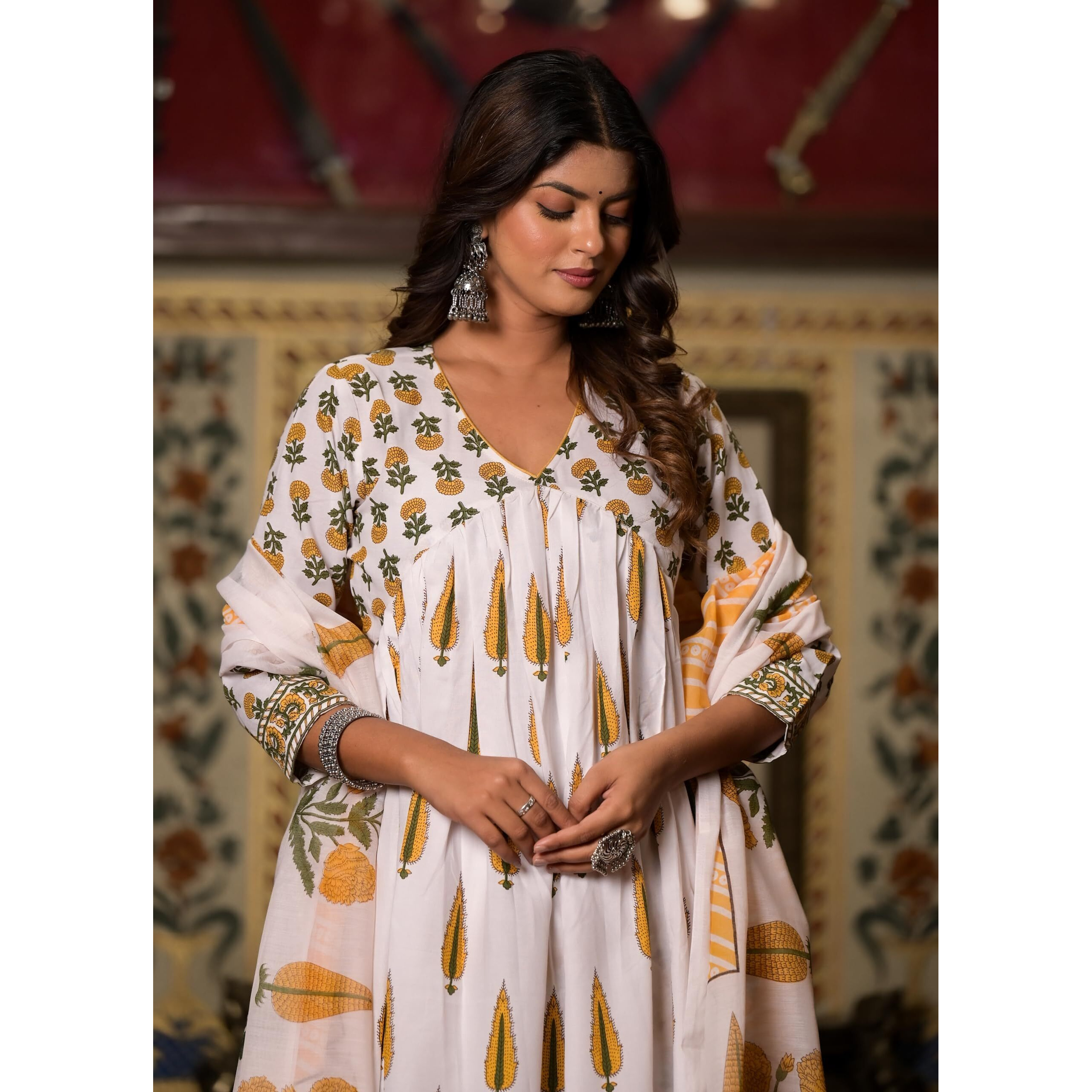 KLOSIA Women Block Printed Viscose Anarkali Kurta And Pant Set With Dupatta |Kurta Set For Women |Kurta Set With Dupatta For Women | Suit Set | Ethnic Set | Anarkali Kurta Set | White