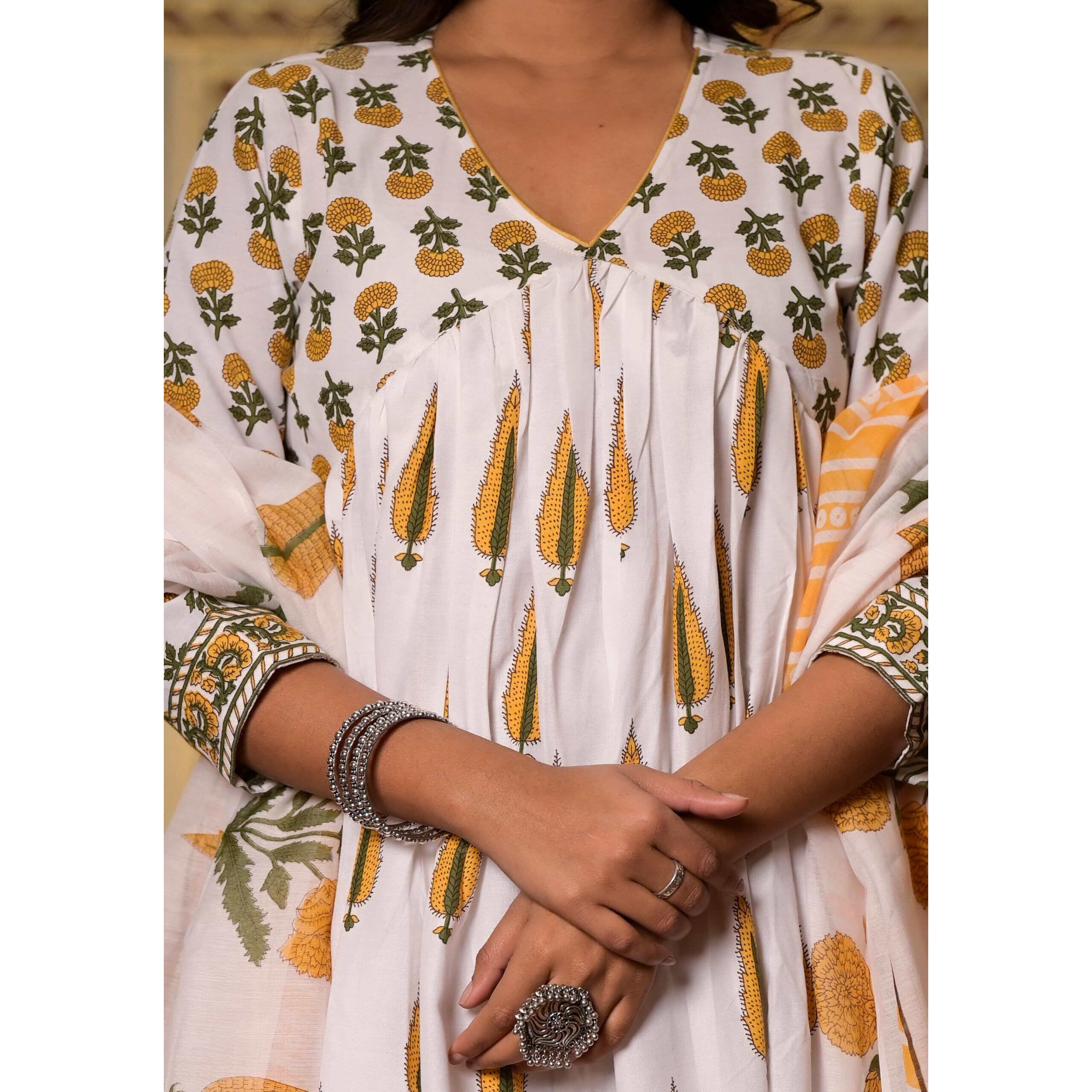 KLOSIA Women Block Printed Viscose Anarkali Kurta And Pant Set With Dupatta |Kurta Set For Women |Kurta Set With Dupatta For Women | Suit Set | Ethnic Set | Anarkali Kurta Set | White