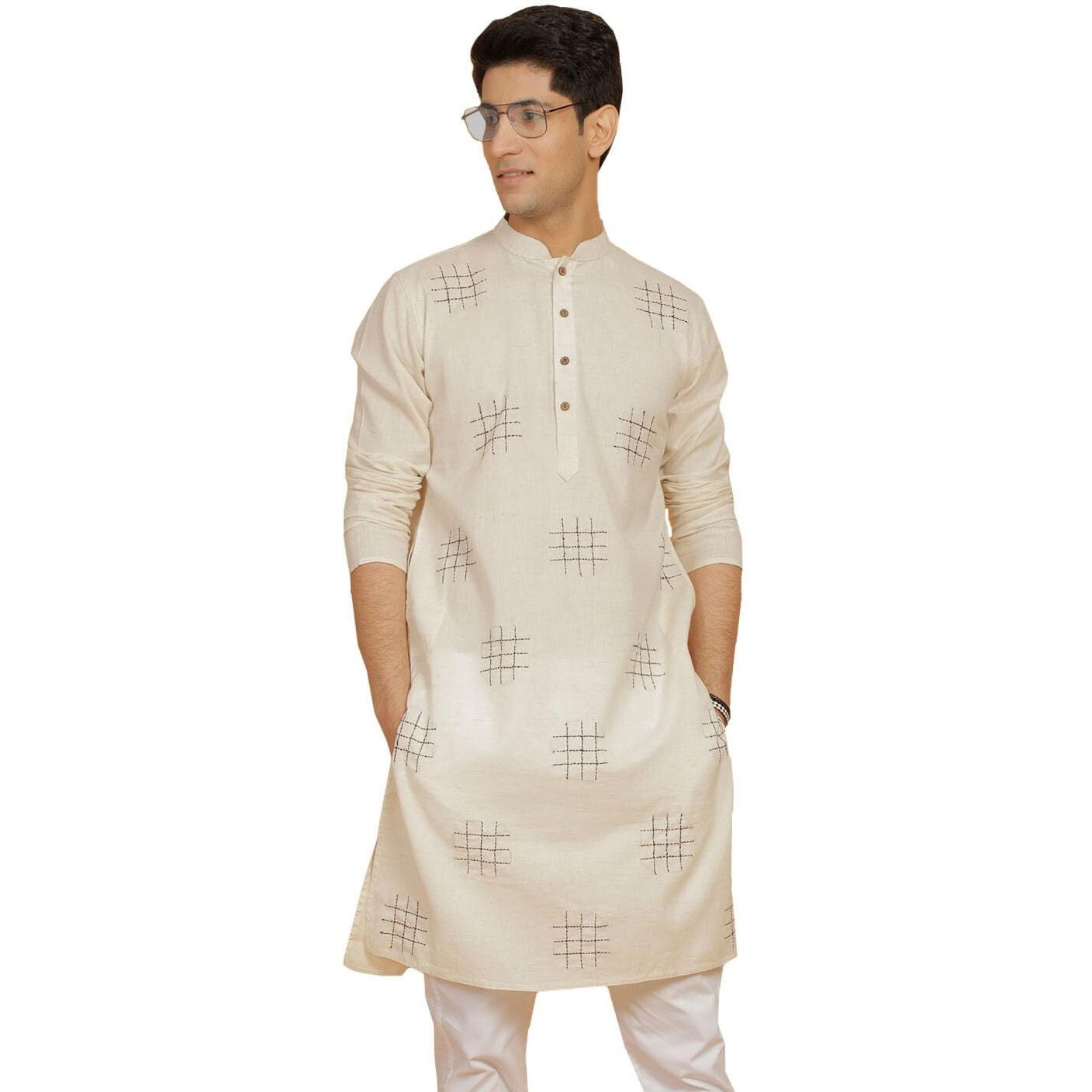 VASTRAMAY Men's Cotton Kurta for Men I Straight Regular Kantha Work Knee Length Kurta I Casual Party Festive Wedding Dressing Style_VSHVMK334CR_40 Cream