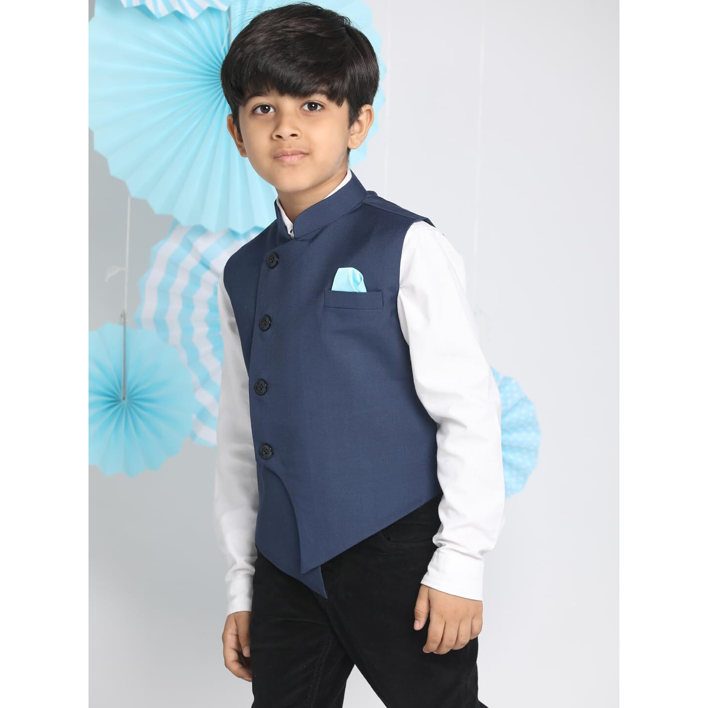VASTRAMAY JBN Creation Boys' Navy Blue Cotton Blend Nehru Jacket_VASBJ054BU_32