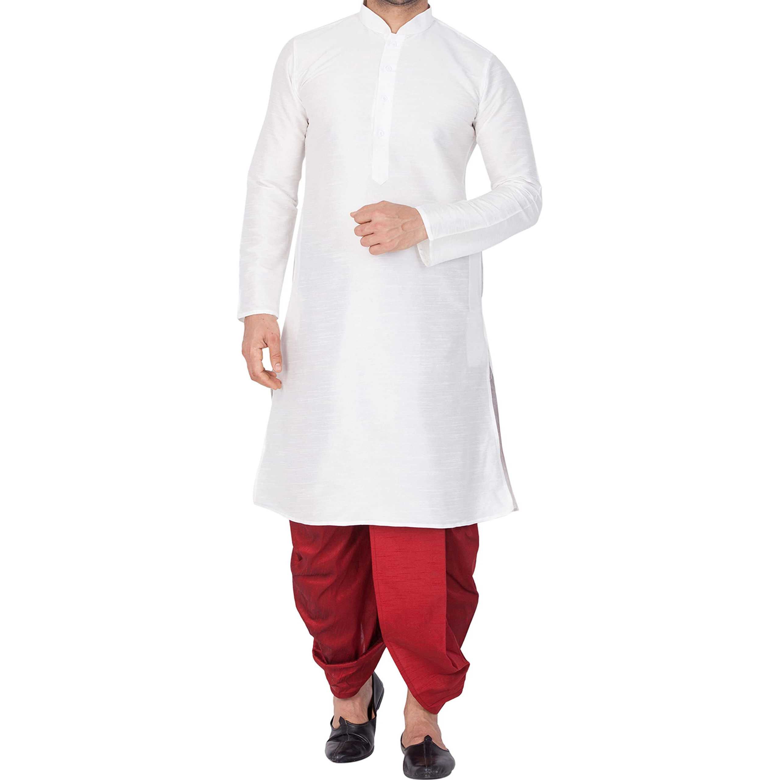 VASTRAMAY Men Cotton Silk Kurta and Dhoti Pant Set (White_VASMKWH001nDTMA_42)