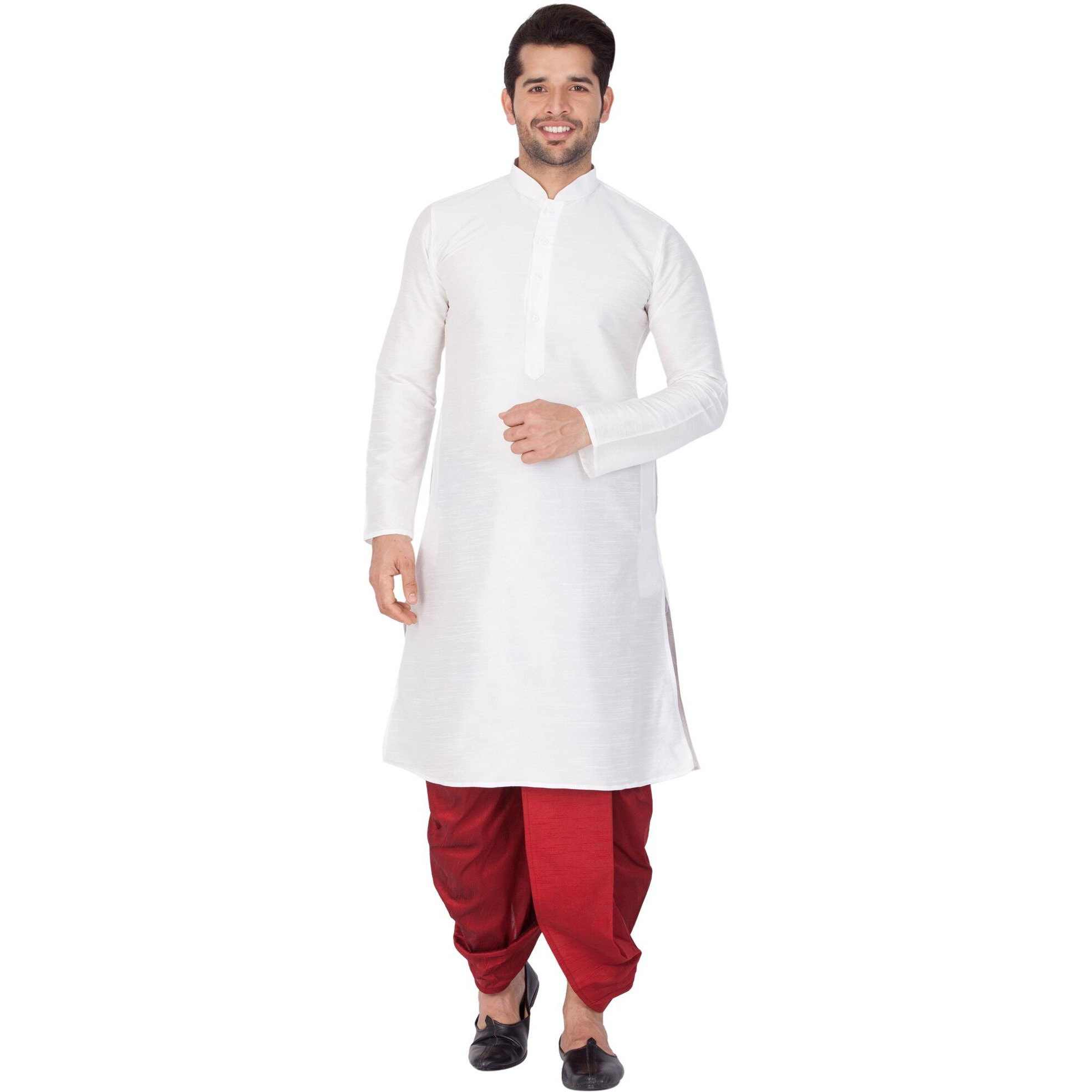 VASTRAMAY Men Cotton Silk Kurta and Dhoti Pant Set (White_VASMKWH001nDTMA_42)