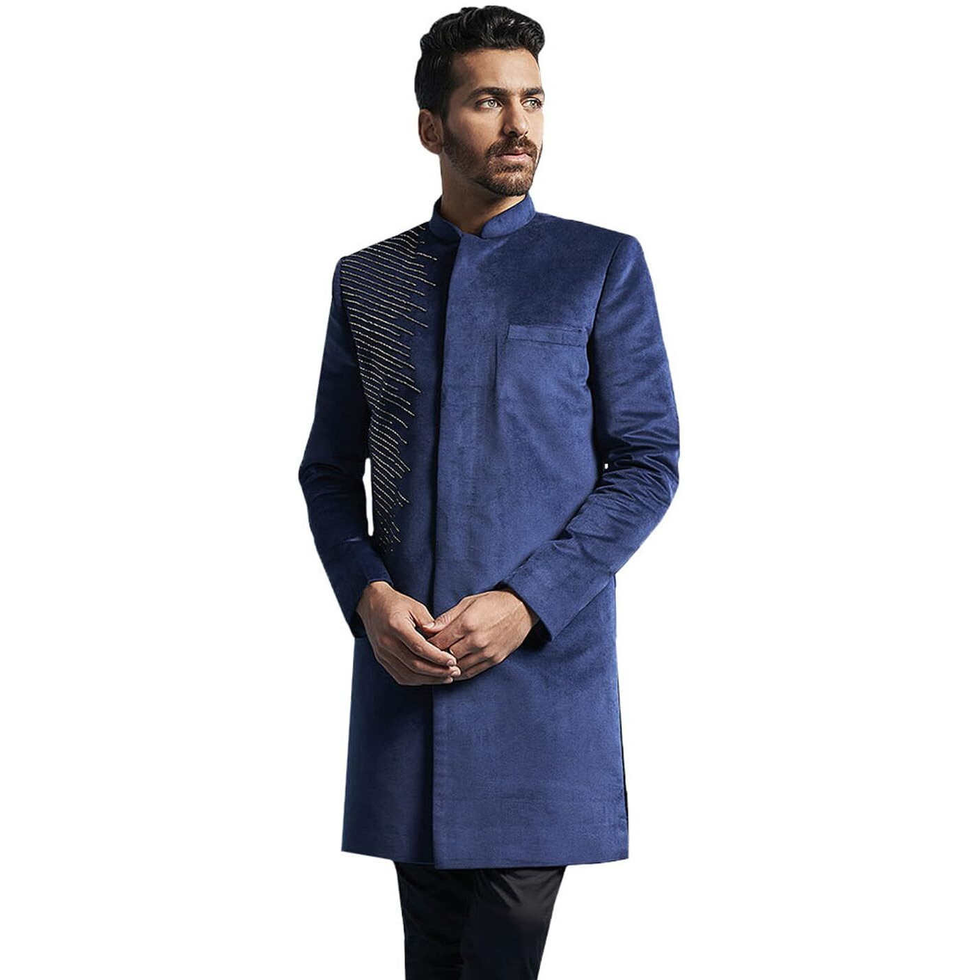 VASTRAMAY Men's Blue Velvet Sherwani Only Top - Velvet Embroidered Indo Western