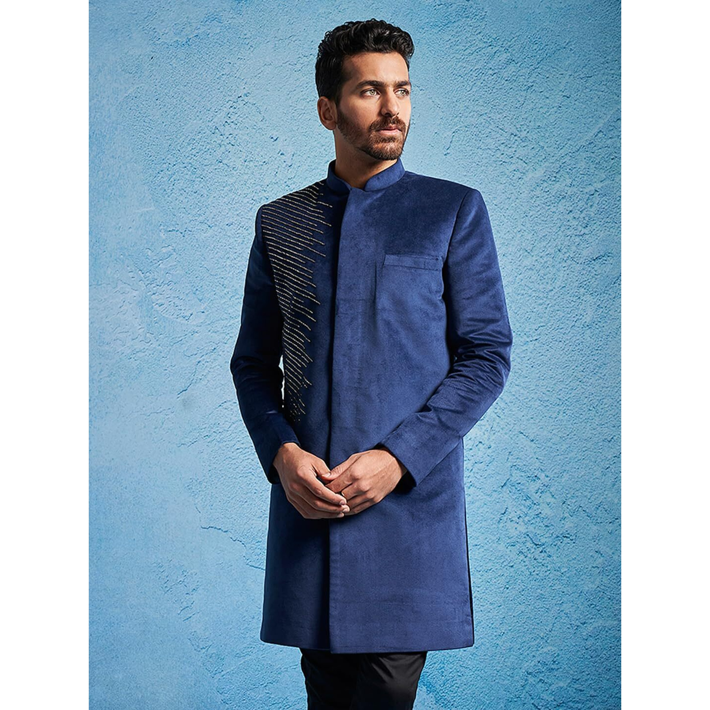 VASTRAMAY Men's Blue Velvet Sherwani Only Top - Velvet Embroidered Indo Western