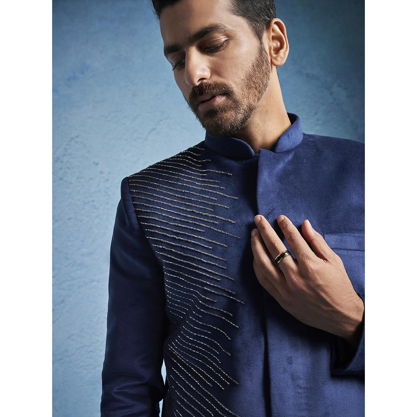 VASTRAMAY Men's Blue Velvet Sherwani Only Top - Velvet Embroidered Indo Western