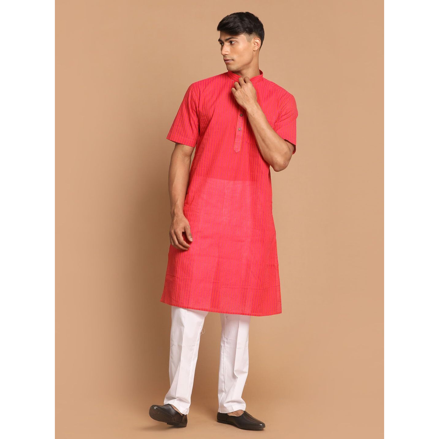VASTRAMAY Men's Pink And Off White Pure Cotton Kurta Pyjama Set_VASMK142PNnPANT003WH_38