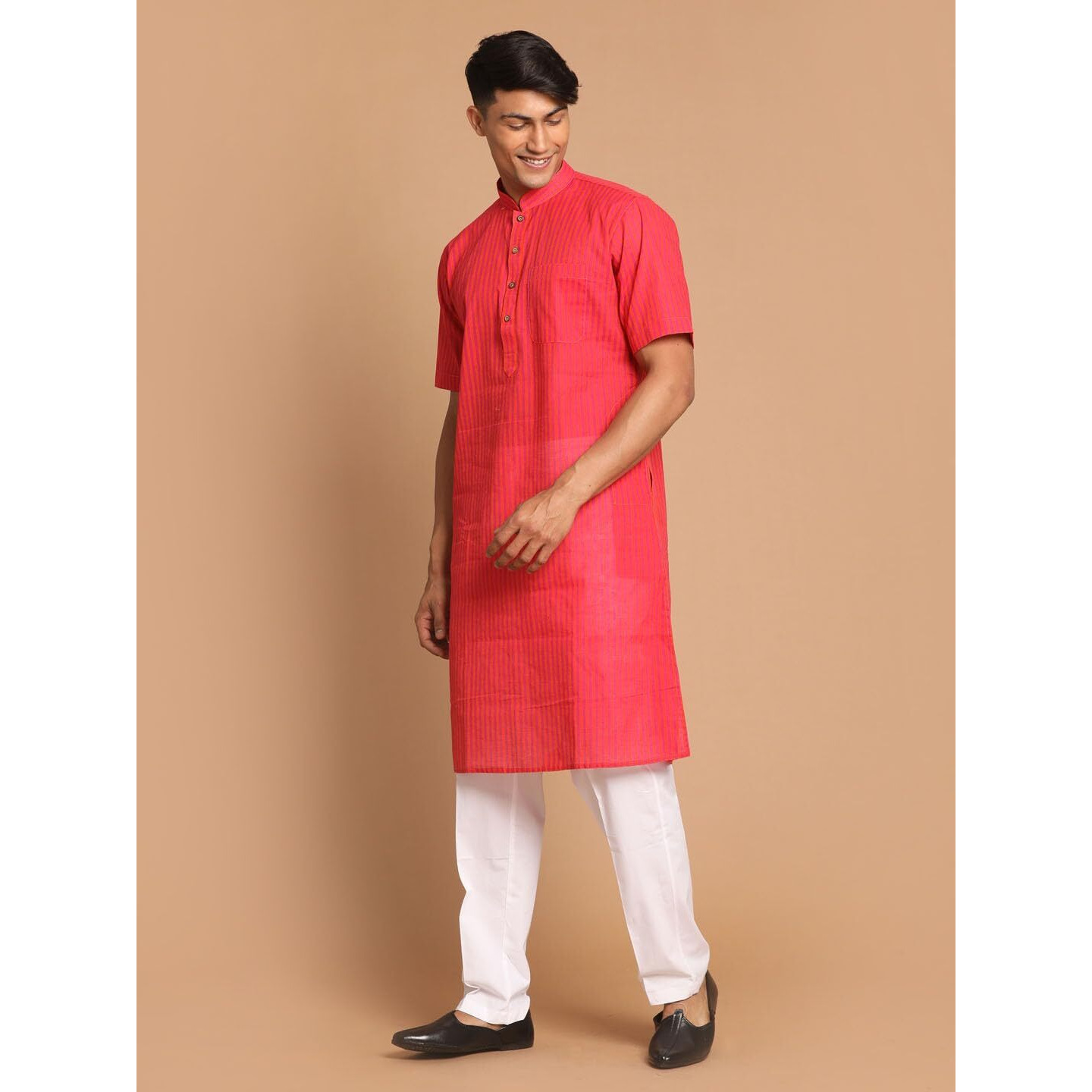 VASTRAMAY Men's Pink And Off White Pure Cotton Kurta Pyjama Set_VASMK142PNnPANT003WH_38