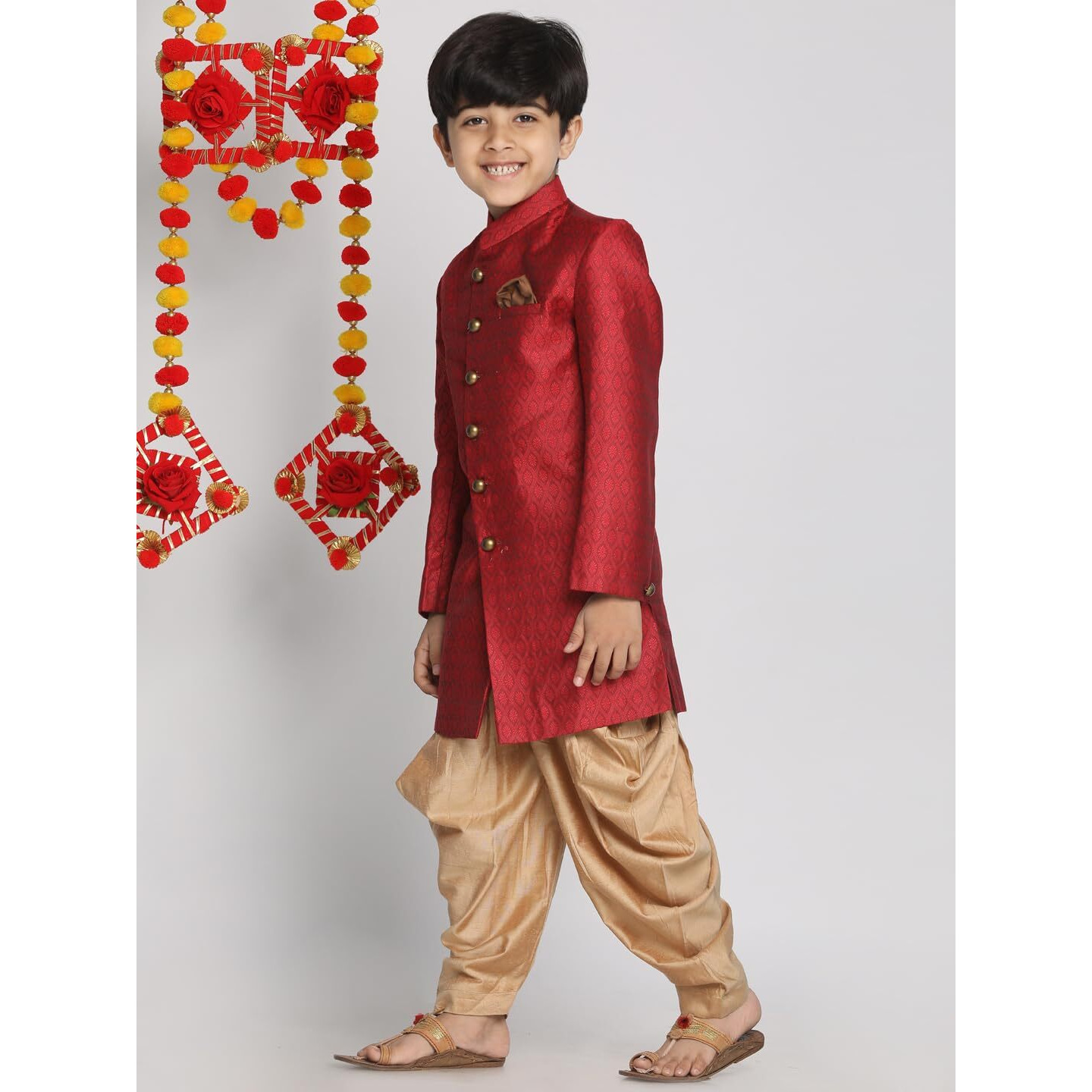 VASTRAMAY Boys' Maroon And Rose Gold Indowestern Sherwani and Cowl dhoti pant Set_VASBIW105MAnCDRG_20