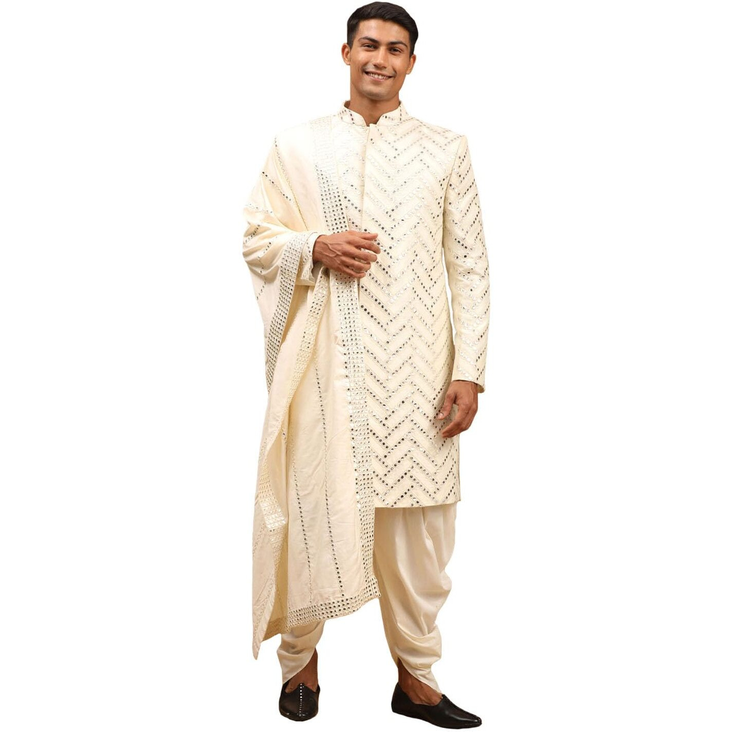 VASTRAMAY Men's Cream Silk Blend Sherwani Set With Dupatta | Trend setting Men's Indowestern Style Mirror Work Sherwani. Cowl Style Patiala Dhoti Pant Set With Mirror work Viscose Dupatta.