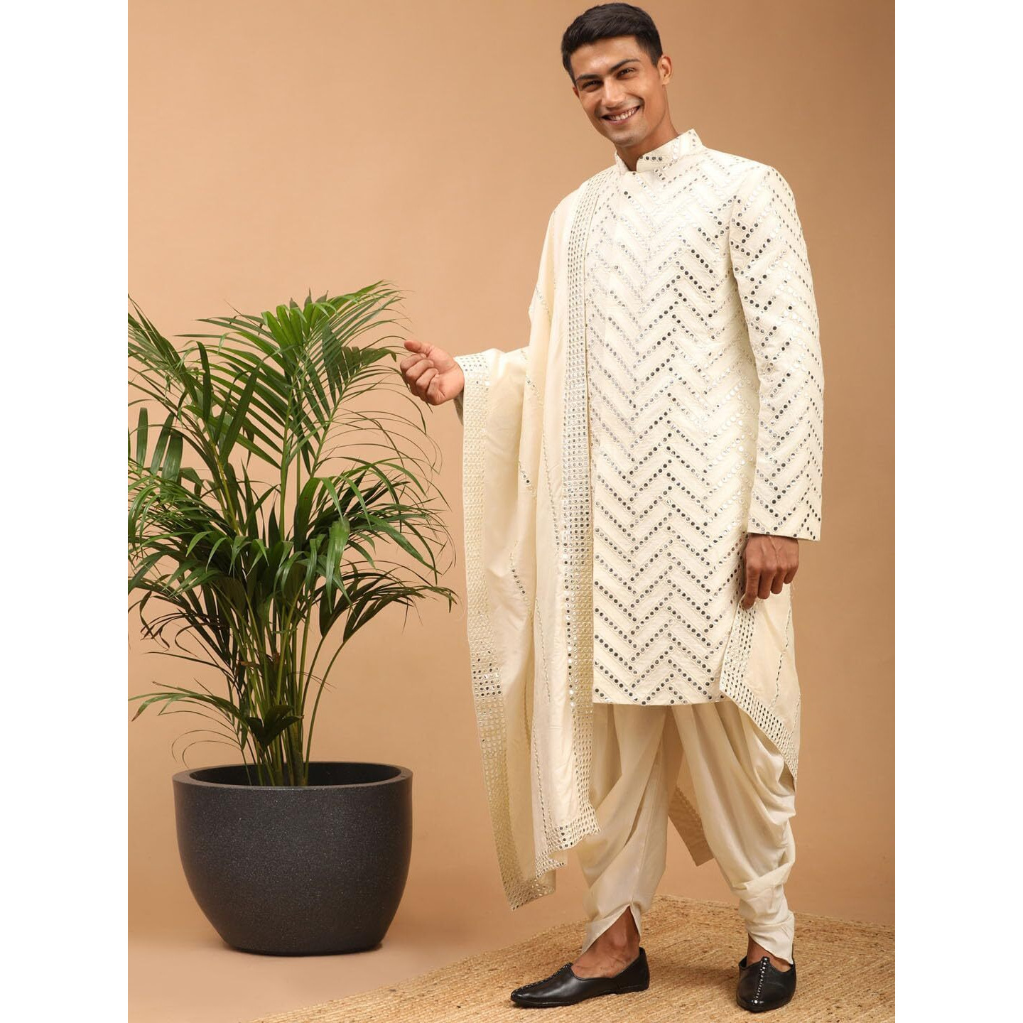 VASTRAMAY Men's Cream Silk Blend Sherwani Set With Dupatta | Trend setting Men's Indowestern Style Mirror Work Sherwani. Cowl Style Patiala Dhoti Pant Set With Mirror work Viscose Dupatta.