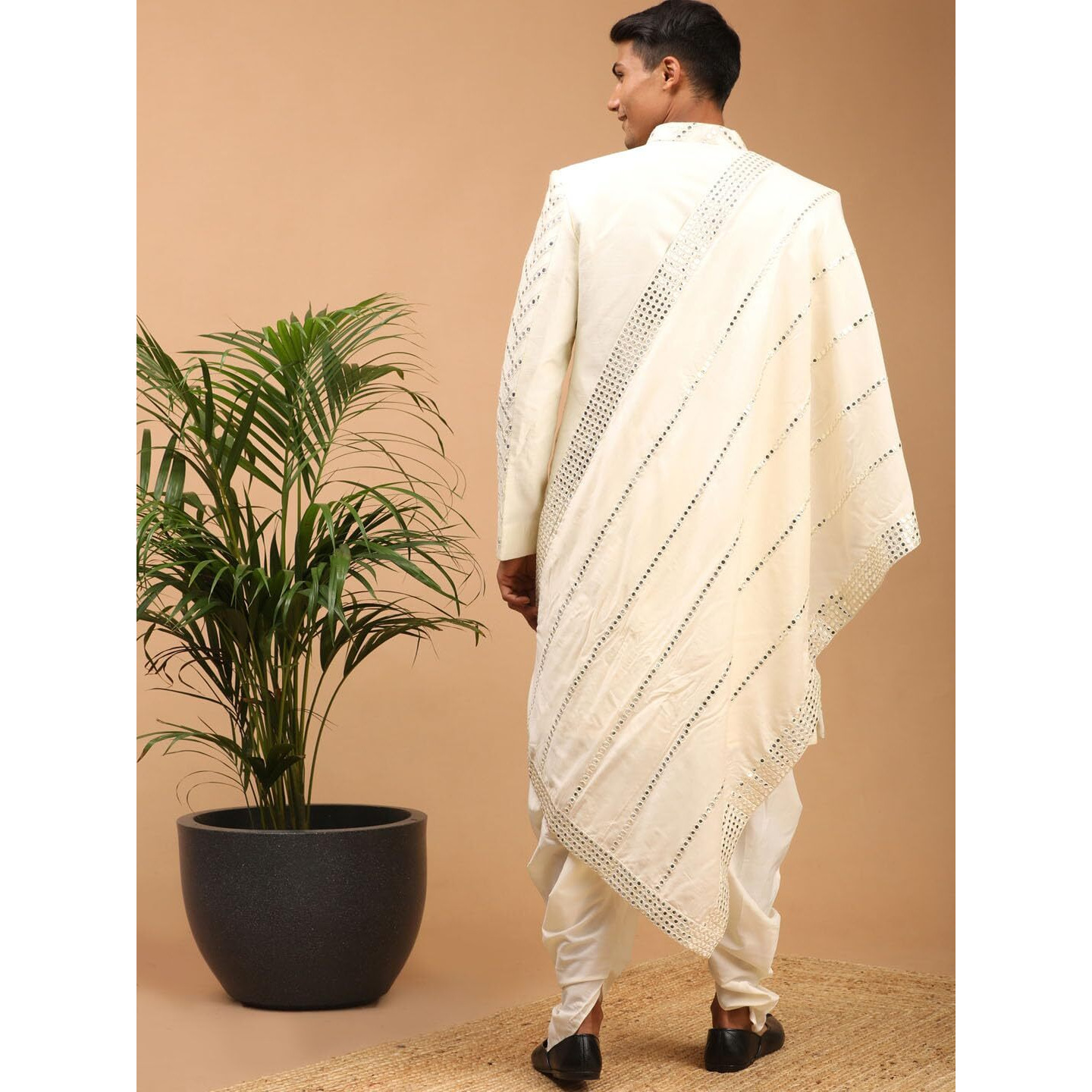 VASTRAMAY Men's Cream Silk Blend Sherwani Set With Dupatta | Trend setting Men's Indowestern Style Mirror Work Sherwani. Cowl Style Patiala Dhoti Pant Set With Mirror work Viscose Dupatta.