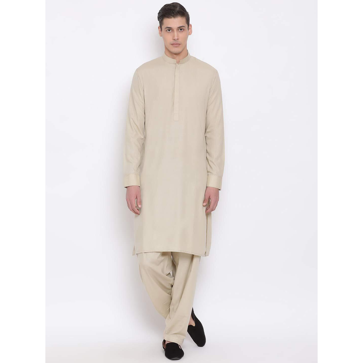 VASTRAMAY Men's Green Cotton Blend Kurta Pyjama Set_VASMK096GNnP_46