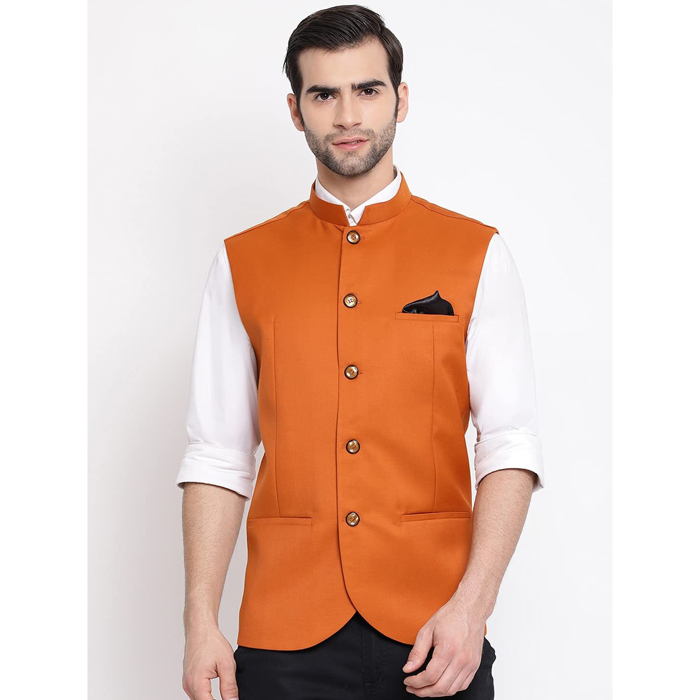VASTRAMAY Mens Cotton Silk Orange Nehru Jacket - Timeless Style & Versatility | Ethnic Sleeveless Coat With Curved Hem And Formal Waist Length | Formal & Casual Wear_VASMJ054OR_46