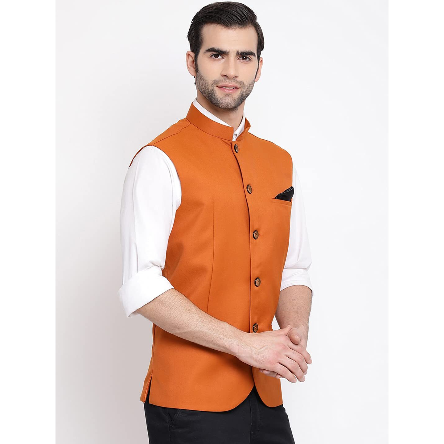 VASTRAMAY Mens Cotton Silk Orange Nehru Jacket - Timeless Style & Versatility | Ethnic Sleeveless Coat With Curved Hem And Formal Waist Length | Formal & Casual Wear_VASMJ054OR_46